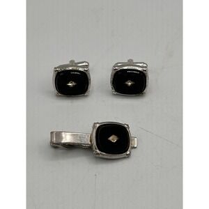 VIntage Shields Mens Cufflinks & Tie Tack Black Glass Diamond Chip Silver Tone